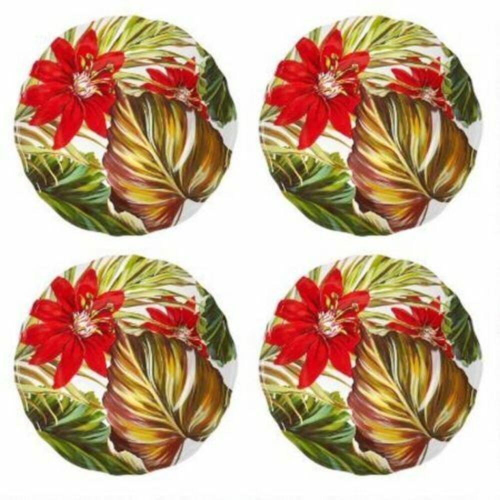 Palm Hibiscus Melamine Tropical 11" Dinner Plates Summer Set of 4 Heavy Weight